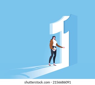 The doorway to success, key to success, business goals, target achievement, successful career or victory concept. Businesswoman entering into the number one shaped doorway in blue background.