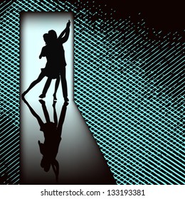 Doorway Tango, vector background illustration with couple dancing in in a backlit door