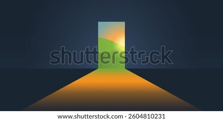 A doorway that opens to a vibrant landscape bathed in warm sunlight. The contrast between the shadowy interior and the bright outdoors evokes a sense of hope, possibility, and new beginnings.