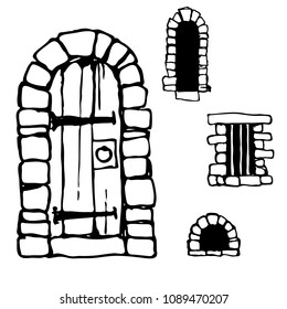 
Doorway vintage arch stone window rods lattice vector illustration hand drawing contours