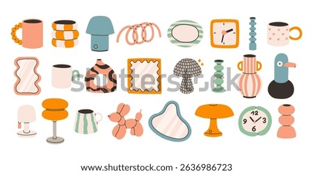 Dopamine decor set. A colorful set of fun and modern home decor mugs, vases, mirrors, lamps, clocks, and playful shapes. The style is soft, round, and cute with happy colors and bold lines.