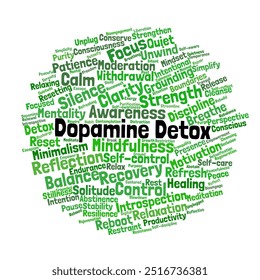 Dopamine Detox Word Cloud. Composition of Words Related to Mental Clarity, Focus, and Self-Control. Concepts of Recovery and Mindfulness. Isolated White Background.