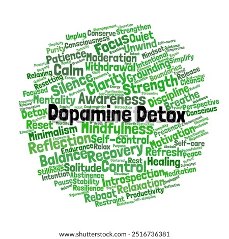 Dopamine Detox Word Cloud. Composition of Words Related to Mental Clarity, Focus, and Self-Control. Concepts of Recovery and Mindfulness. Isolated White Background.