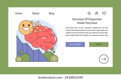 Dopamine fasting concept. Graph and brain imagery depict the reduction of dopamine levels, symbolizing cognitive balance and happiness. Flat vector illustration.