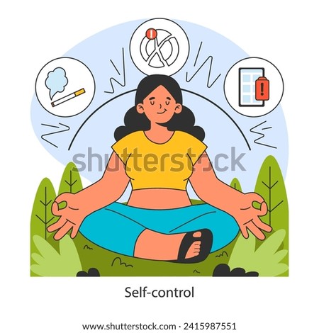 Dopamine fasting concept. Harnessing self-control amidst various temptations. Inner peace through discipline. Flat vector illustration.