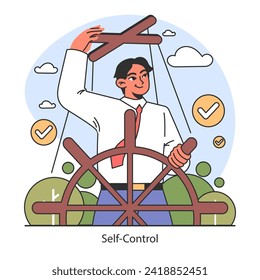 Dopamine fasting concept. Portrays a man steering his life with determination, highlighting the power of self-control and decision-making. Flat vector illustration.