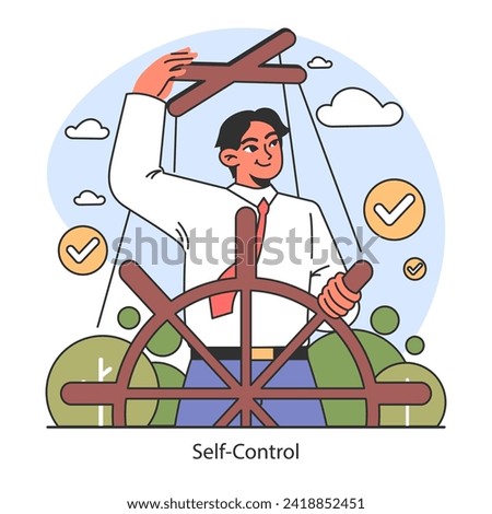Dopamine fasting concept. Portrays a man steering his life with determination, highlighting the power of self-control and decision-making. Flat vector illustration.