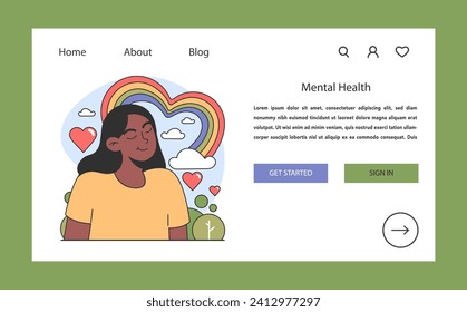 Dopamine fasting concept. A serene woman with a rainbow and hearts symbolizing emotional well-being and mental health. Nurtures positivity and love. Flat vector illustration.