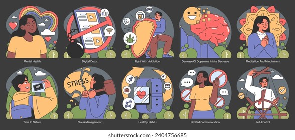 Dopamine fasting set. Engaging in mindful practices and reducing addictive behaviors. Fostering mental wellness, embracing nature, and practicing self-control. Flat vector illustration.