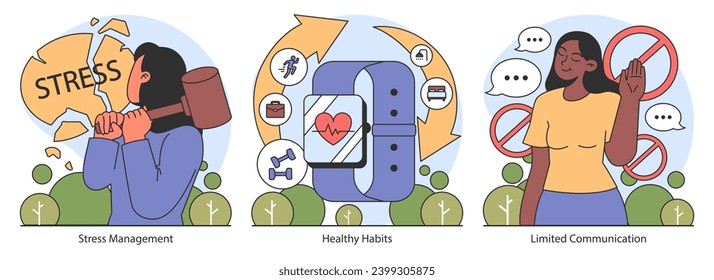 Dopamine fasting set. Illustrates stress management, nurturing healthy habits, and practicing communication limits. Encourages holistic well-being. Flat vector illustration.