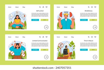 Dopamine fasting steps. Achieving self-control, practicing mindfulness, embracing solitude, and immersing in nature. Wellness journey. Flat vector illustration.