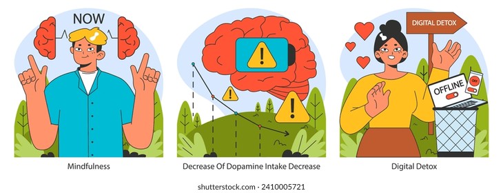 Dopamine fasting techniques. Mindfulness, reducing stimuli, and embracing digital detox. Path to mental clarity. Flat vector illustration.