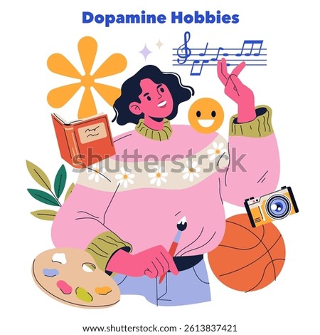 Dopamine Hobbies concept. Engaging in activities that boost happiness and well-being. Explore various interests like painting, reading, music, and sports to enhance mental health. Vector illustration.