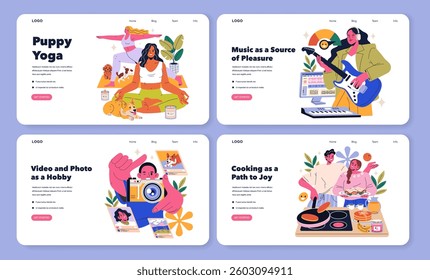 Dopamine hobbies enhance well-being through engaging activities like puppy yoga, music, photography, and cooking. These pursuits provide joy, creativity, and improve mental health. Vector illustration