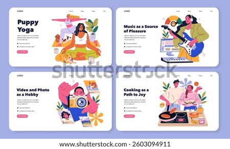 Dopamine hobbies enhance well-being through engaging activities like puppy yoga, music, photography, and cooking. These pursuits provide joy, creativity, and improve mental health. Vector illustration
