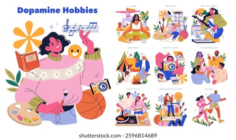 Dopamine Hobbies illustration. This visual explores various joyful activities that boost happiness, such as painting, music, cooking, and outdoor adventures. Engaging in these hobbies enhances well