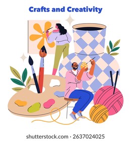 Dopamine hobbies promote mental well-being and creativity through engaging activities. This illustration captures individuals immersed in arts and crafts, showcasing the joy of creative expression.