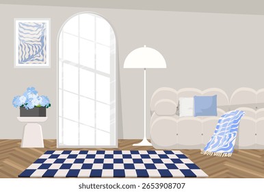 Dopamine interior with cloud sofa, checkered carpet and floor mirror. Vector illustration.