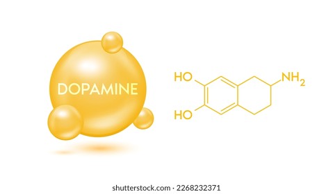 Dopamin-Modell orange und strukturelle chemische Formel. Symbol 3D Symbol einzeln auf weißem Hintergrund. Hormon Dopamin in Hirnstimmung und Emotionen Regulatoren. Medizinische wissenschaftliche Konzepte. Vektor EPS10.
