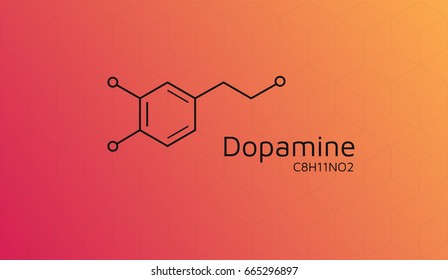 Dopamine molecular structure. Vector Chemical formula wallpaper.  Cubic isometric pattern. Eps10 Vector. Red Yellow gradient background.