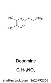 Dopamine molecule, skeletal formula. Structure of DA, C8H11NO2. Hormone and neurotransmitter. In popular culture and media seen as main chemical of pleasure. Structural formula. Illustration. Vector.
