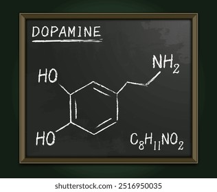 Estrutura de molécula de dopamina no quadro-negro da sala de aula em estilo de escrita à mão realista. Fórmula hormonal. Cartaz da escola educacional da paisagem. Esquema químico C8H11NO2. Ilustração vetorial editável