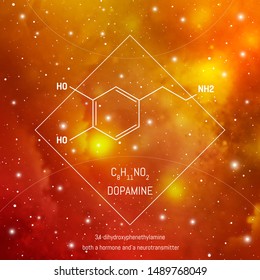 Dopamine neuro transmitter molecule and formula in front of cosmis background. Brain chemistry infographic.