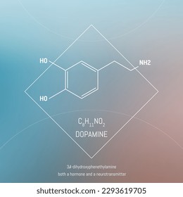 Dopamin-Neuro-Transmitter-Molekül und -Formel vor dem cosmis-Hintergrund. Hirnchemie-Infografik.