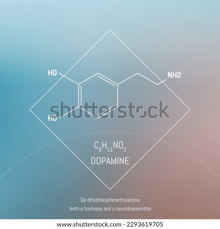 Dopamine neuro transmitter molecule and formula in front of cosmis background. Brain chemistry infographic.