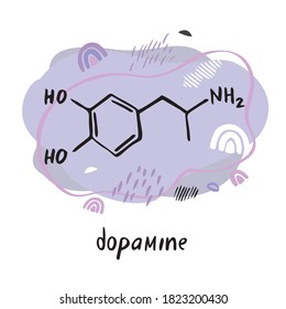 Dopamine neurotransmitter molecule. Hormone formula drawn by hand on the background of abstract objects and shapes. Symbol for biology, chemistry, naturopathy, medicine. Cartoon vector illustration.