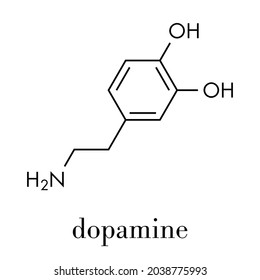 Dopamine neurotransmitter molecule. Also used as drug. Skeletal formula.