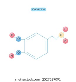 Dopamine is a neurotransmitter that regulates pleasure, motivation, and reward. It plays a key role in mood, focus, and movement, influencing behavior and decision-making. Chemical structure.