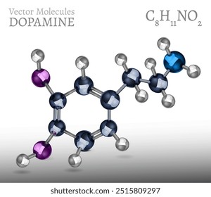 Dopamine poster, banner in realistic glossy style. Hormone molecular structure. DA is a neuromodulatory molecule that plays important roles in cells. Editable vector illustration on a light background