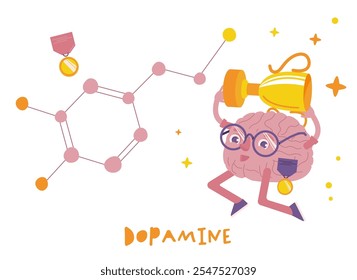 Dopamine poster in a funny cartoon style. Hormone character. DA is a neuromodulatory molecule that plays important roles in cells. Organic chemical. Editable vector illustration on a white background.