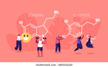 Dopamine, Serotonin Concept. People Enjoying Life near Huge Formula. Hormones Production in Organism. Characters Jumping, Sports Exercising, Smiling, Rejoice. Human Health Cartoon Vector Illustration