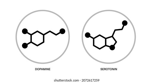 Dopamine and serotonin formula icon or logo. Monoamine neurotransmitter. Modulating mood, learning and memory processes. Motivational component of reward, motor control vector illustration