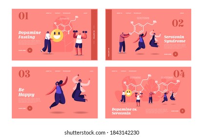 Dopamine, Serotonin Landing Page Template Set. People Enjoying Life near Huge Formula. Hormones Production in Organism. Characters Jump, Exercising, Rejoice, Human Health. Cartoon Vector Illustration