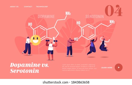 Dopamine, Serotonin Landing Page Template. People Enjoying Life near Huge Formula. Hormones Production in Organism. Characters Jumping, Exercising, Rejoice, Human Health. Cartoon Vector Illustration