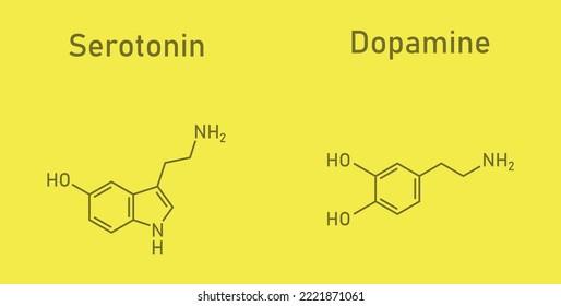 Dopamine and serotonin molecular structure. Scientific vector illustration isolated on yellow background.