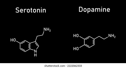 Dopamine and serotonin molecular structure. Scientific vector illustration isolated on black background.