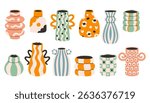 Dopamine vase set. Collection of various geometric vases. Different types of ceramic pottery set in cartoon groovy funky style. Spring, summer elements stickers bundle