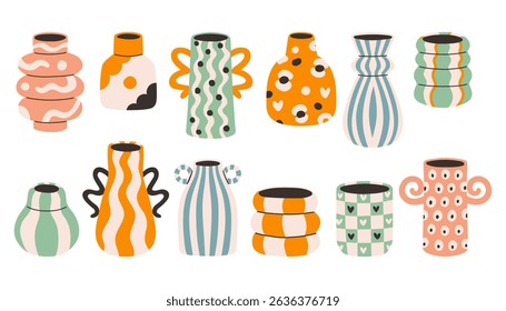 Conjunto de vasos de dopamina. Coleção de vários vasos geométricos. Diferentes tipos de cerâmica definido em estilo de desenho animado groovy funky. primavera, elementos de verão etiqueta pacote