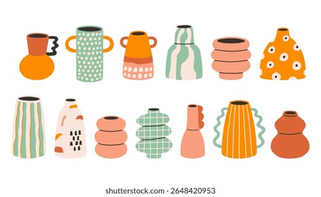 Conjunto de vasos de dopamina. Coleção de vários vasos geométricos. Diferentes tipos de cerâmica definido em estilo de desenho animado groovy funky. primavera, elementos de verão etiqueta pacote