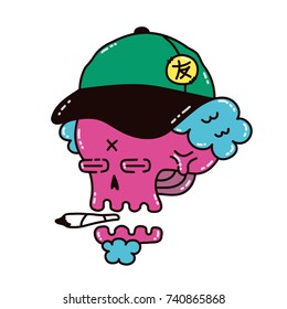 Dope skull in a cap smoke marijuana blunt. Vector modern style illustration. Dope print design for t-shirt