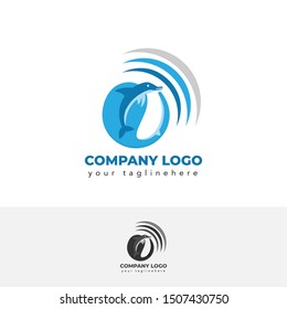 Dophin In Circle and Sonar Wave Logo Template