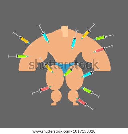 Doping for Bodybuilder. Strong man and steroids. Syringe with anabolic. Vector illustration