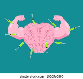 Doping for Brain. Strong Mind and steroids. Syringe with anabolic. Bodybuilder Memory. Vector illustration