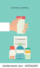 Doping control. Colorful concept with medicines, doctor arm and vessel in flat style. Perfect for sites, flyers, banners with a sports theme, promotional materials.
