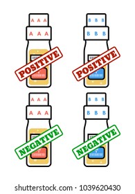 Doping control container. Result stamps of urine analysis. Sample A, sample B. Positive and negative test.