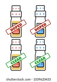 Doping control container. Result stamps of urine analysis. Sample A, sample B. Doped and clear test.
